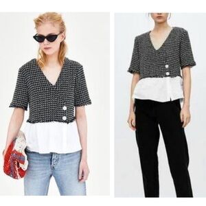 Zara TRF Black and White Tweed Top